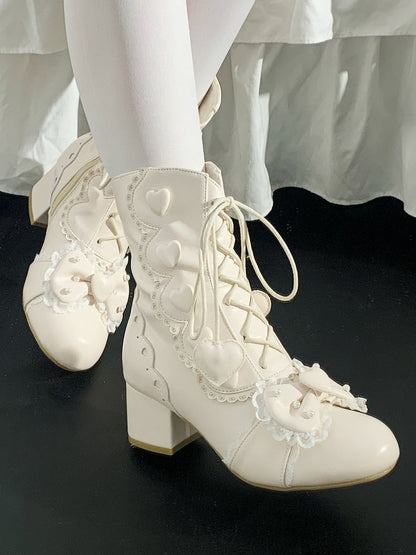 Heart Fastening Bow - Dual with PU Lolita Mid-Heel Boots Beaded Details Apricot Elegant