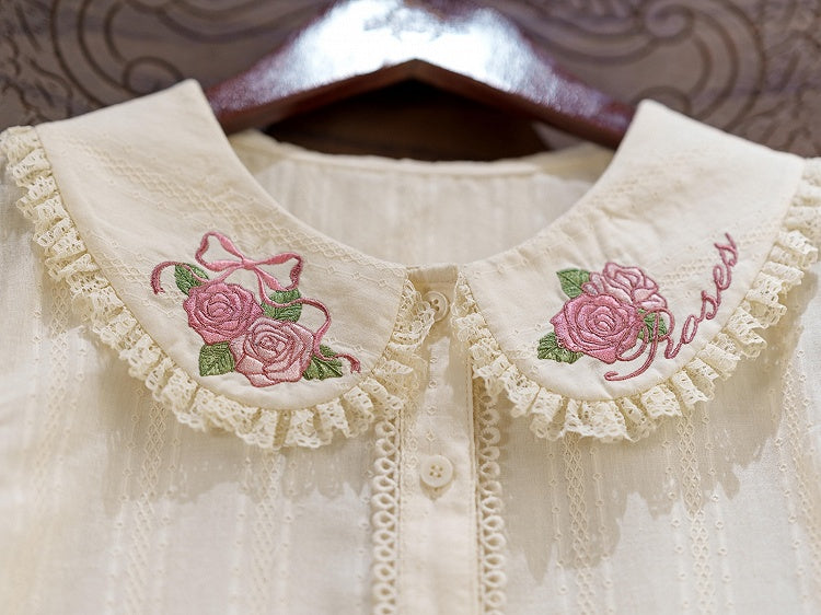 Pink Rosette Embroidery Collar Cream Short Sleeve Blouse - Dream Magic Box