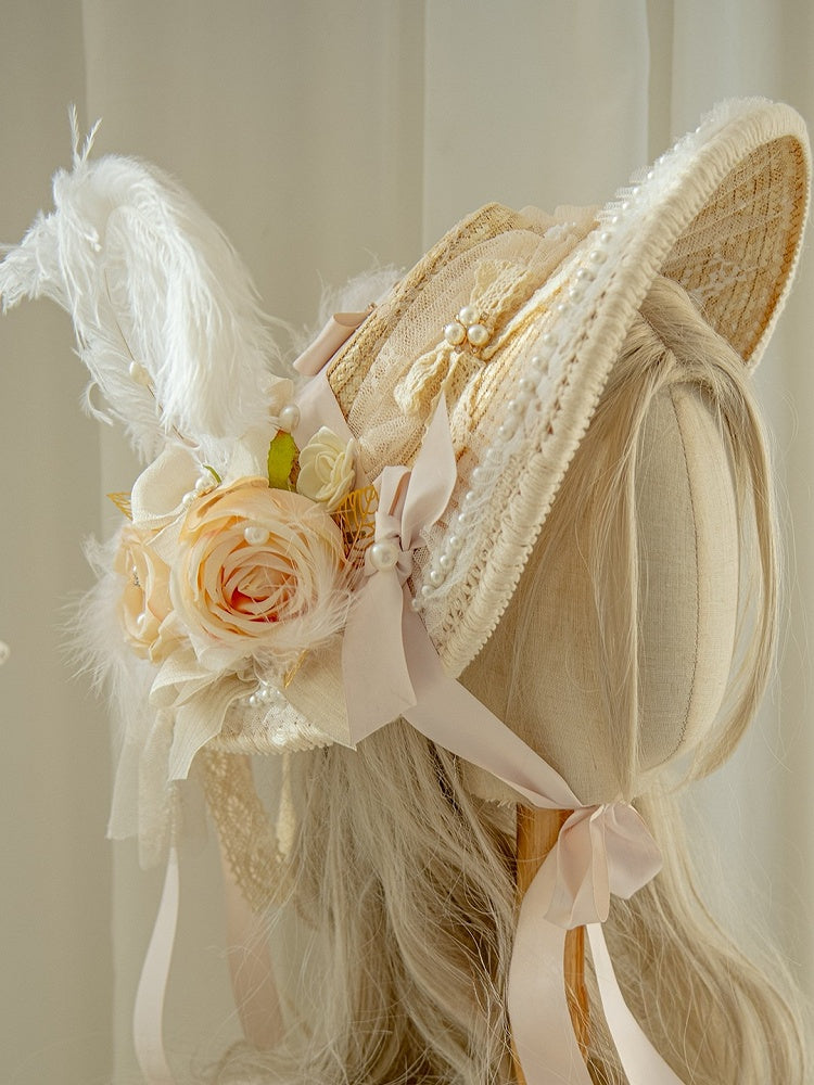 Design Floral Feather Beaded And Straw Hat Decorated Beige