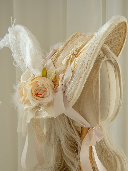Design Floral Feather Beaded And Straw Hat Decorated Beige