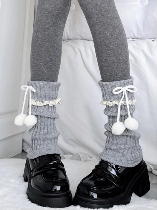 Light Warmers Gray Lace Leg Pom-Pom Ribbed Slouchy