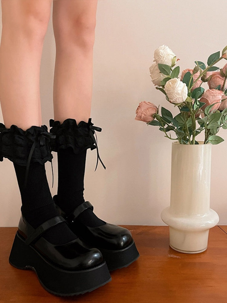 Ribbon Ruffle Decoration White/Black/Brown with Bow Socks Puffy Lolita