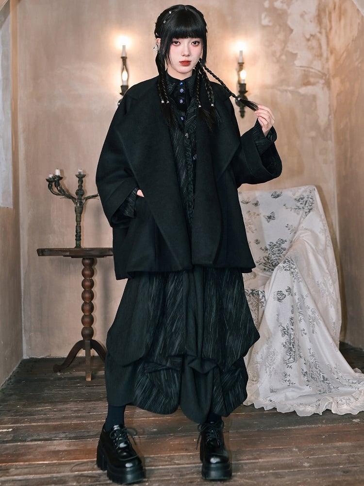 Slant - Black Two-Way Cheongsam Pockets Goth Skirt