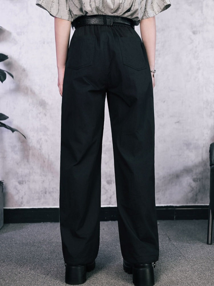 Black Totem Print Straight-Leg Pants with Drawstring Cuffs - Quirky Hut