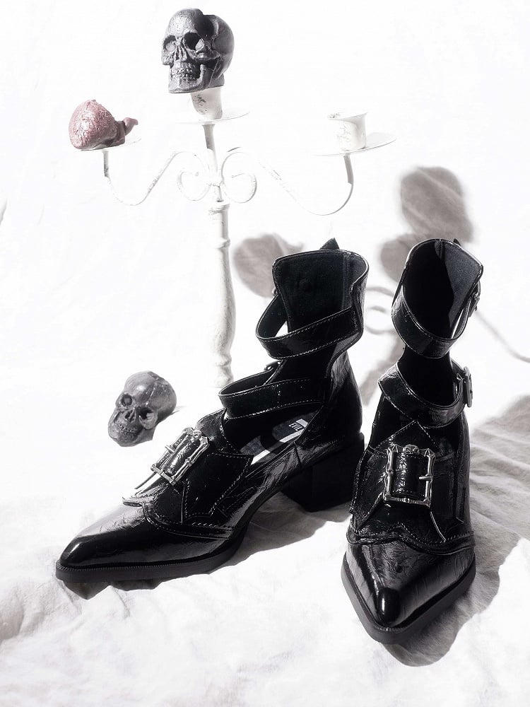Pointed-toe Bat with Gothic PU Shoes Bow Black Buckle Accents Heeled Wing 5cm