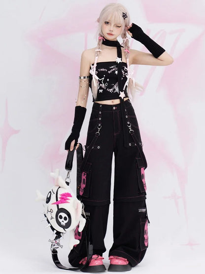 Y2K Black Skeleton Cargo Pockets Straps Design Wide-leg Cut Jeans