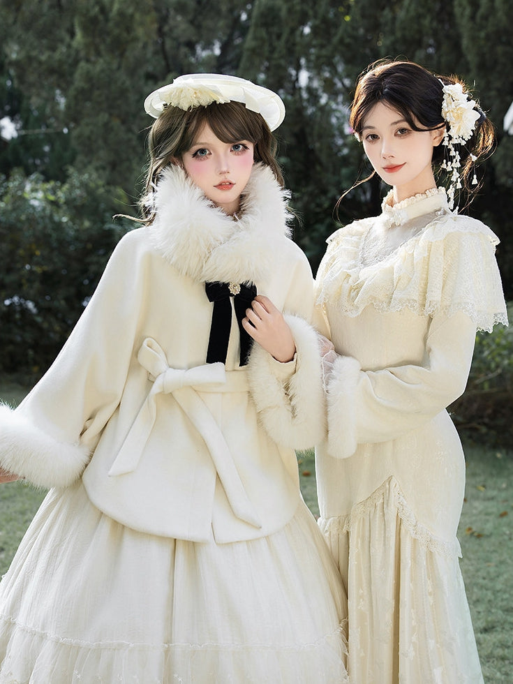 Detachable Lining Coat Fleece Cape with Fur Winter Lolita Collar White