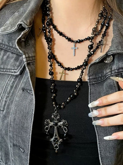 Gothic Beaded Layered Necklace with Cross Pendant - YSHXS