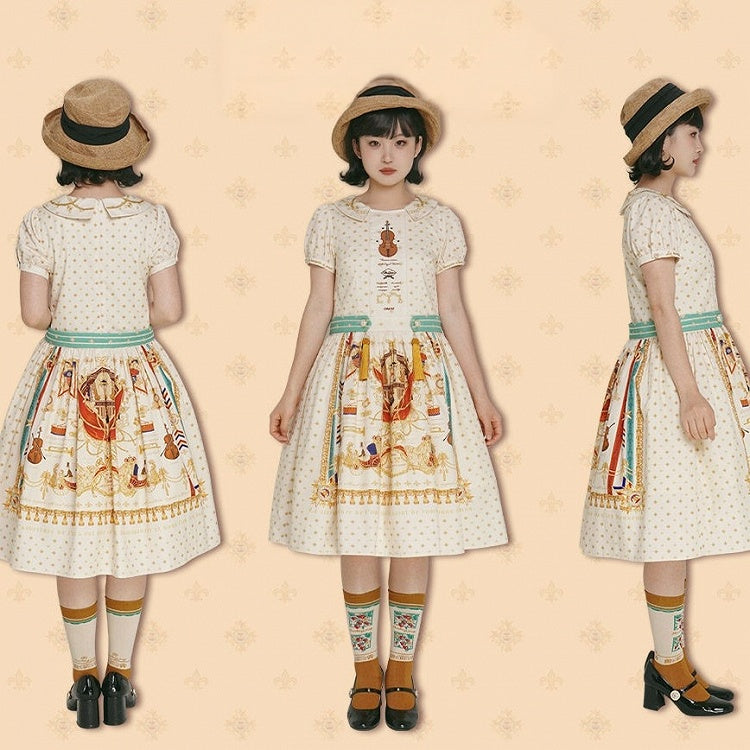 Short White Musical Print Peter Pan Collar OP Dress with Tassels - Crucis Universal Tailor Company
