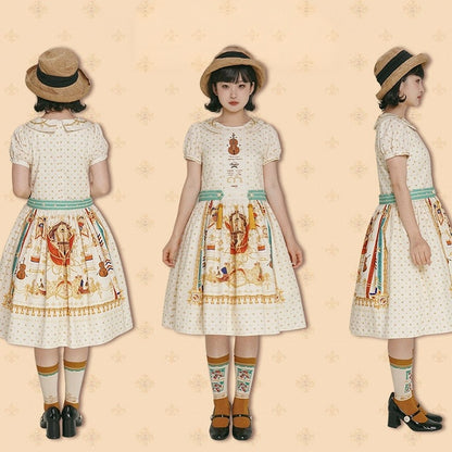 Short White Musical Print Peter Pan Collar OP Dress with Tassels - Crucis Universal Tailor Company