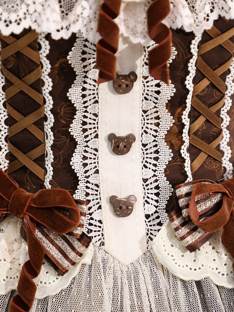 Vintage Brown Bear Symphony Theme Lolita JSK with Bow & Lace Accents - Twin Bear Original Design