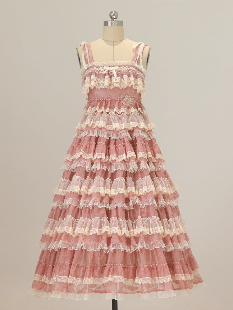 Lolita Ruffle Multi-Layered Sweet Straps Embroidery and with Dress Pink Adjustable Goldfish