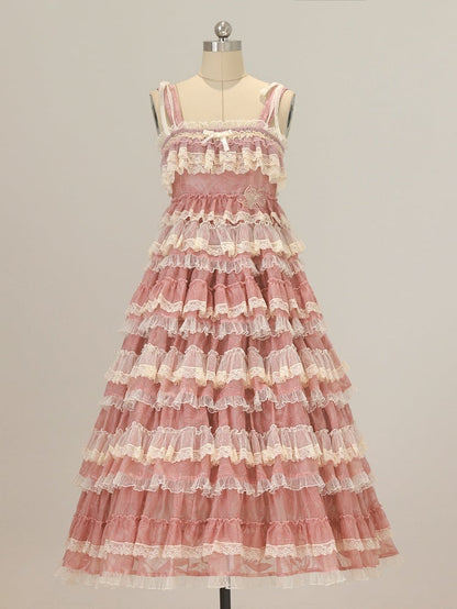 Lolita Ruffle Multi-Layered Sweet Straps Embroidery and with Dress Pink Adjustable Goldfish
