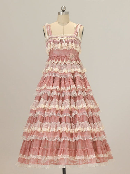 Süßes Kleid Rosa Verstellbare Mehrlagige Rüschen mit Lolita und Trägern Goldfisch Stickerei