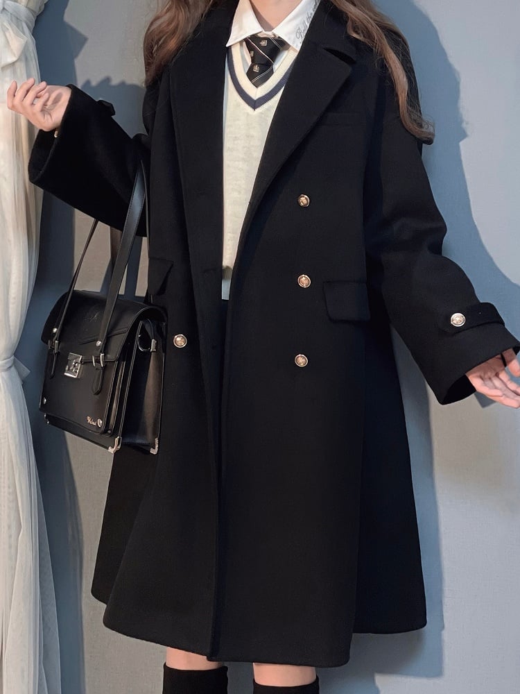 Black Notched Collar Double-Breasted Woolen Coat
