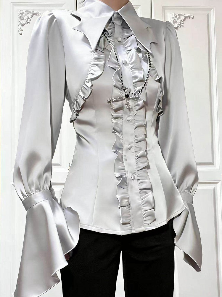 Details Satin Shirt Collar Ruffle with Gray Lolita Gothic Bat-Wing Light