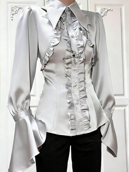 Details Satin Shirt Collar Ruffle with Gray Lolita Gothic Bat-Wing Light