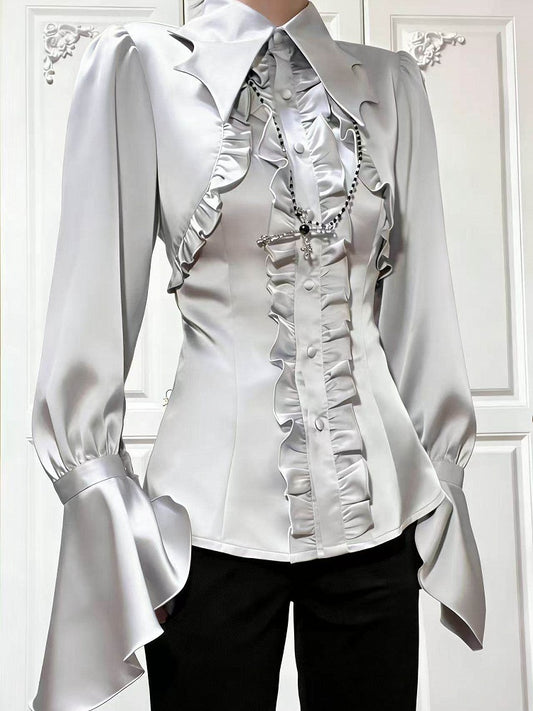 Details Satin Shirt Collar Ruffle with Gray Lolita Gothic Bat-Wing Light