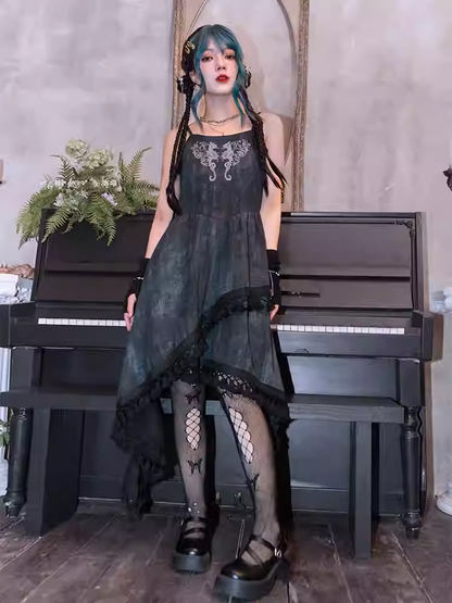 Dress Asymmetrical Tassel Hem Seahorse and Coral Embroidery Style Cami Black Cheongsam