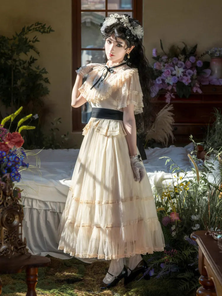 Beige Klassische Taille Schwarz Elegante Kleid Ausschnitt Lolita Illusion Edward Gürtel mit