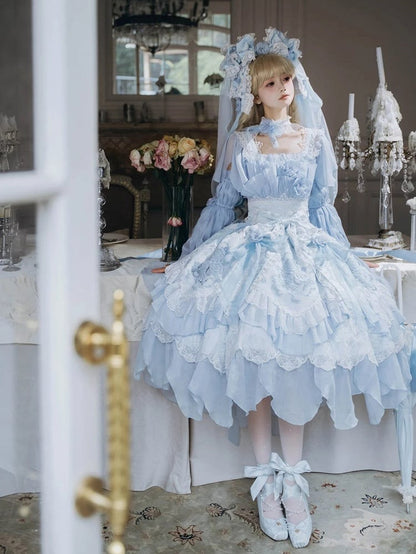 Dress Blue Accents Lolita Version JSK Rose Short Hanayome Layered Ruffles Flowing Light with