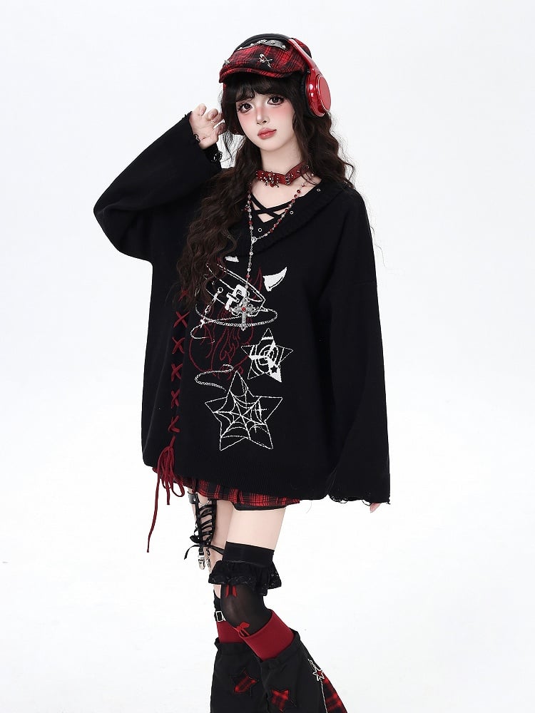 Black/Gray Lace-Up Sweater with Spiderweb Pentagram  Choker Print Gothic