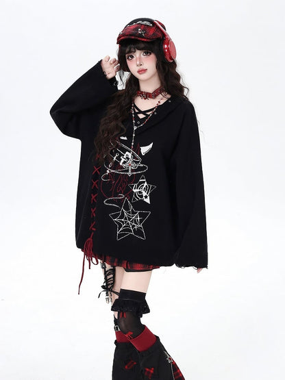 Black/Gray Lace-Up Sweater with Spiderweb Pentagram  Choker Print Gothic