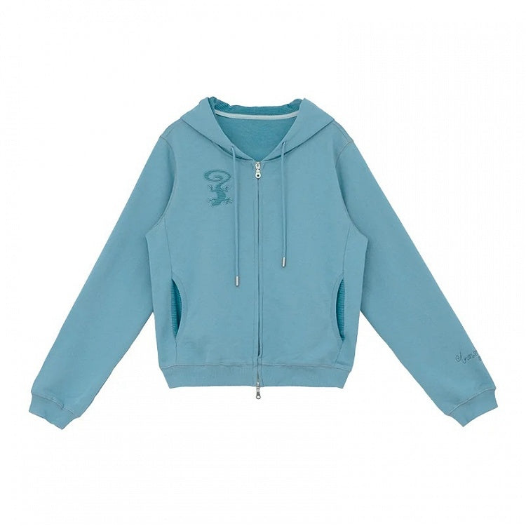 Retro Fall Blue Hooded Zip Jacket with Gecko Motif and Striped Accents - innomoood