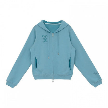 Retro Fall Blue Hooded Zip Jacket with Gecko Motif and Striped Accents - innomoood