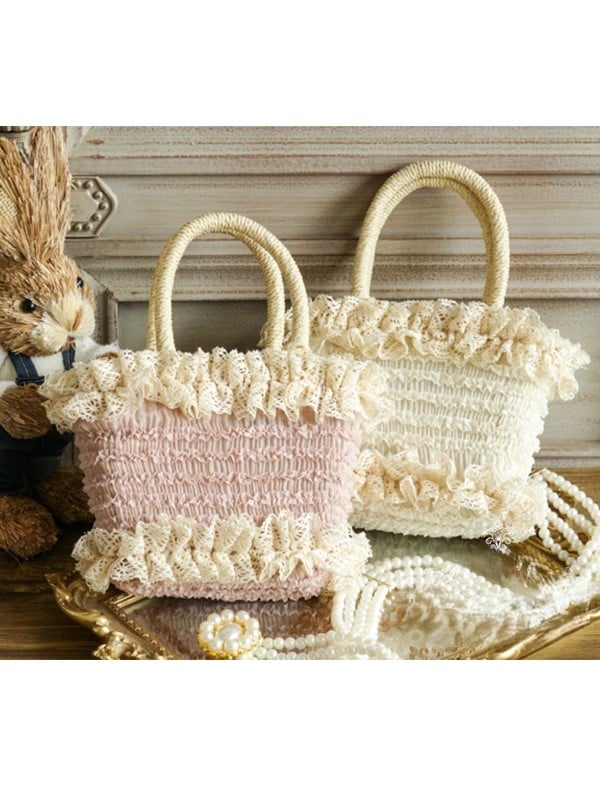 Lace-Trimmed Woven Ruffled Beige/Pink Handbag Rural
