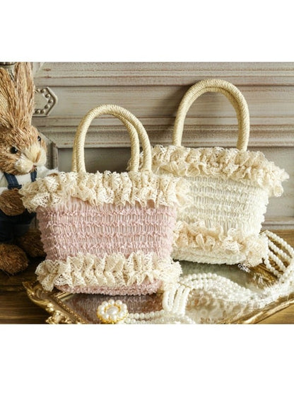 Lace-Trimmed Woven Ruffled Beige/Pink Handbag Rural