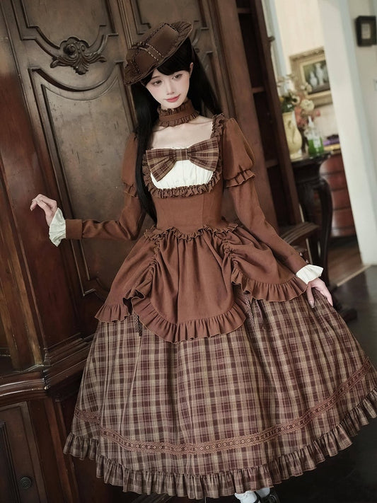 + Set Long - Autumn Lollita Detachable Choker Elegant OP Hat Bows Coffee Version