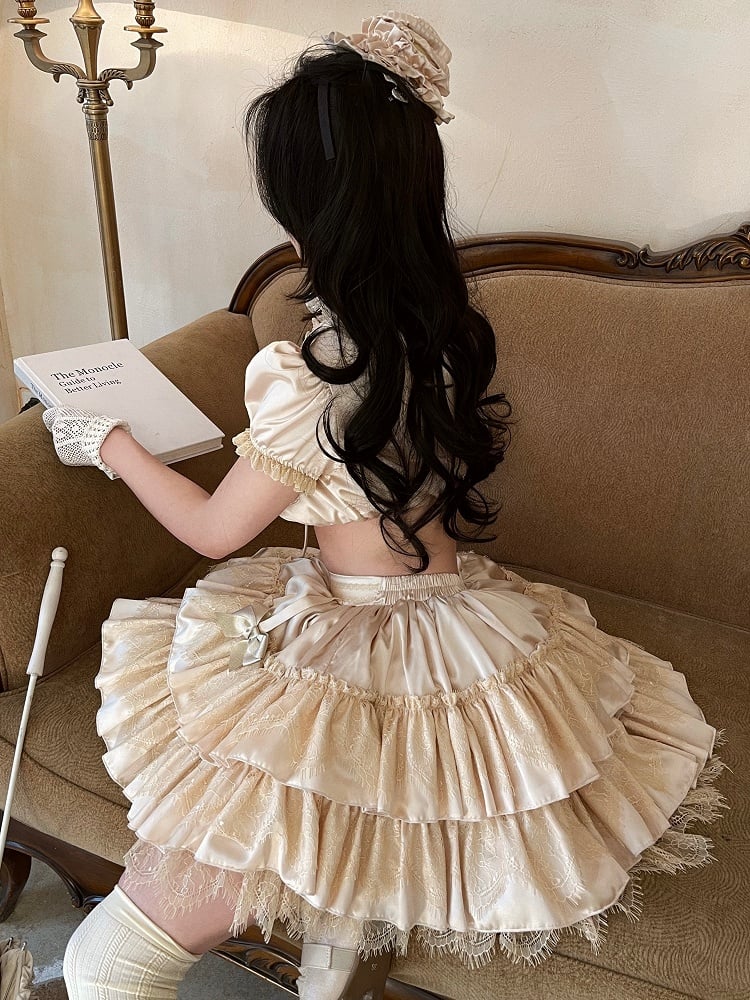 Embellishments Skirt Layered Lace Lolita with Beige Bow Gothic