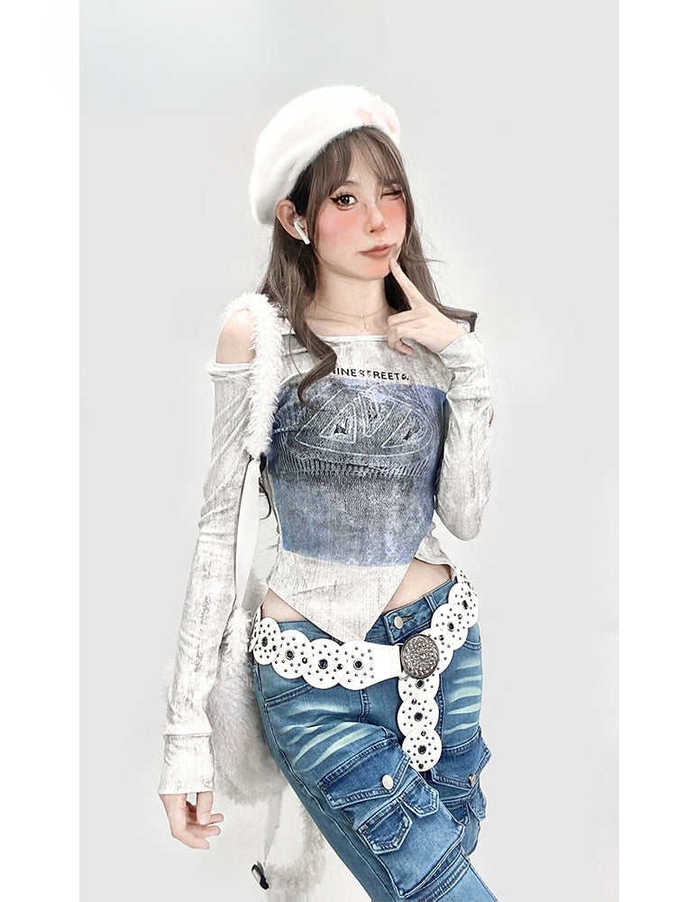 Y2K White Round Neck Cutout Shoulder Asymmetrical Hem Glamorous Top