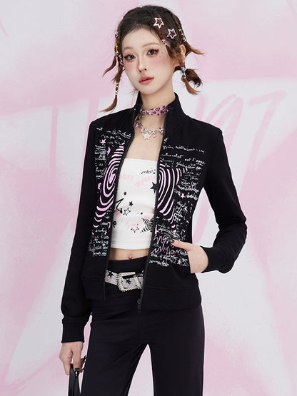 Black Y2K Stars Print High Neck Zip Closure Top