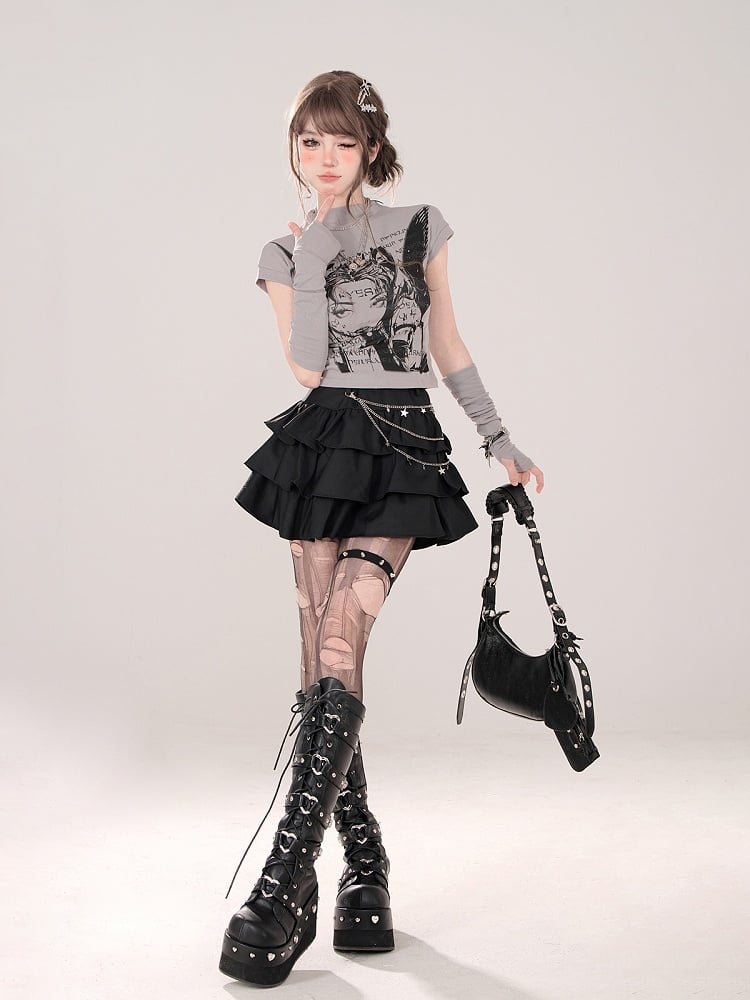 Charakterdruck und passendes fingerloses graues T-Shirt mit Stehkragen und Manga-Handschuhen