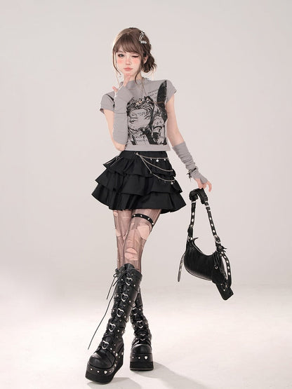 Charakterdruck und passendes fingerloses graues T-Shirt mit Stehkragen und Manga-Handschuhen