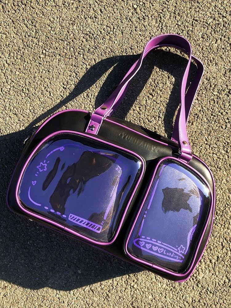 Brotförmige Ita-Umhängetasche in Schwarz und Lila mit Kontrastbesatz