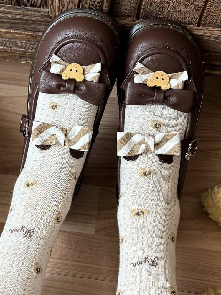 Design PU - and Kuma-themed with 2cm Flat Ear Shoes Strap Lolita Bear Brown Striped Bow