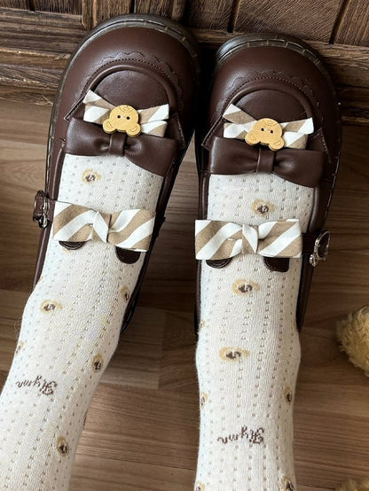 Design PU - and Kuma-themed with 2cm Flat Ear Shoes Strap Lolita Bear Brown Striped Bow