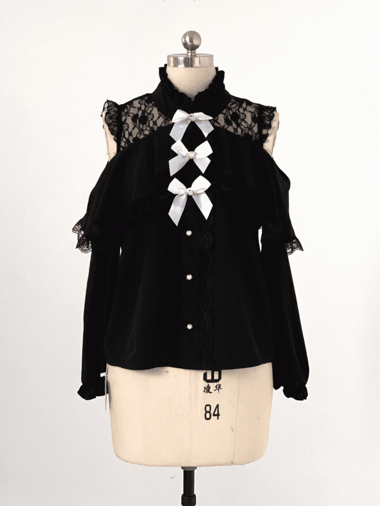 Bow Blouse Jirai with Neckline Shoulder Black/White Kei Illusion Cut-Out Decor