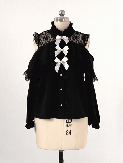 Bow Blouse Jirai with Neckline Shoulder Black/White Kei Illusion Cut-Out Decor