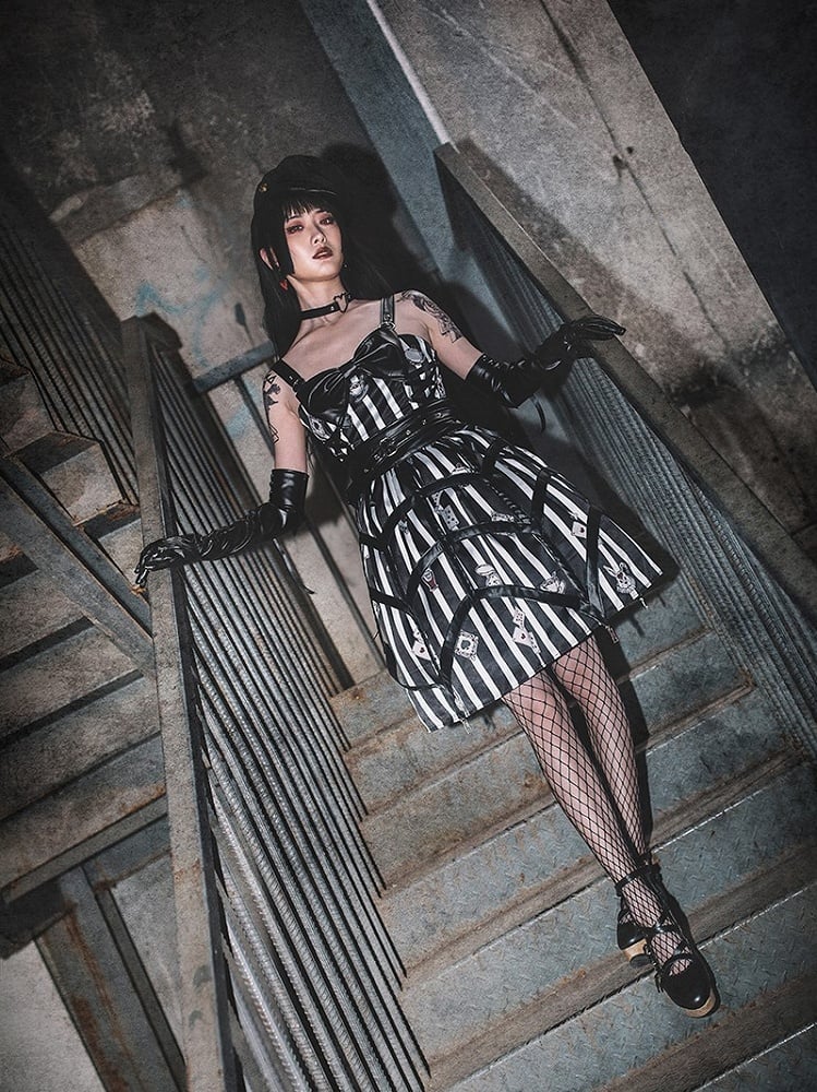 Black with Playing Striped Punk Card Lolita Dress and White Prints