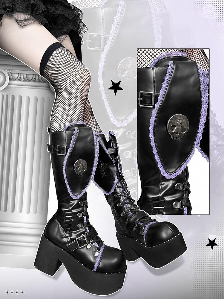 Schwarz-lila Punk-Hasenohr-Gothic-Plateau-Blockabsatzstiefel