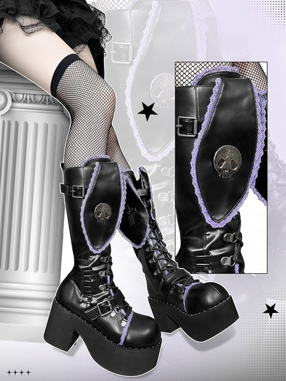 Schwarz-lila Punk-Hasenohr-Gothic-Plateau-Blockabsatzstiefel
