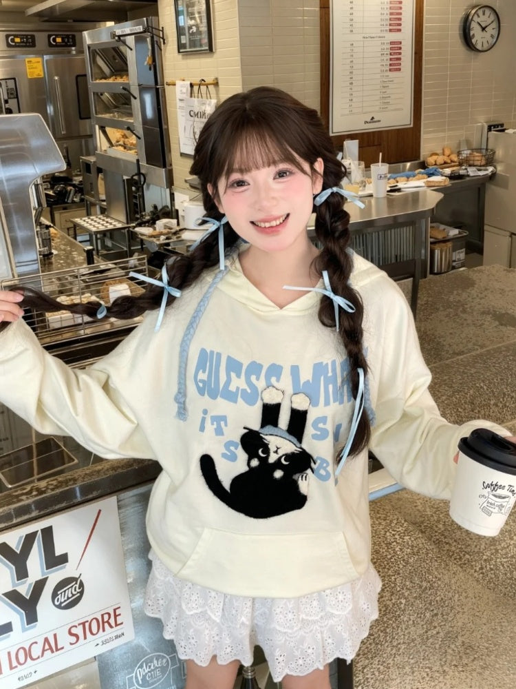 Printed Hoodie Loose Kitty Applique Beige