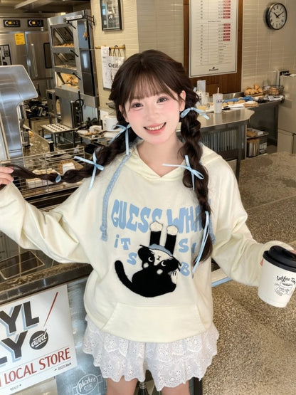 Printed Hoodie Loose Kitty Applique Beige