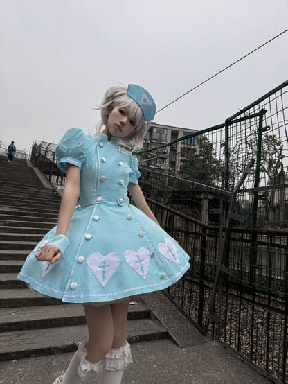 Kleid Herz Lolita Patches Puff Krankenschwester Blau Kreuz Ärmel Weiß