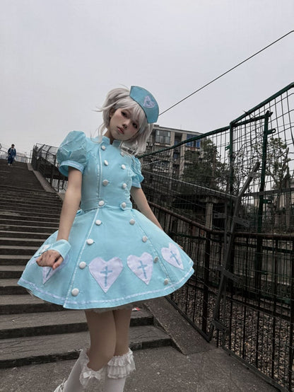Heart Puff Patches Sleeves Lolita Blue White Dress Nurse Cross