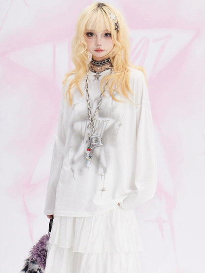 ホワイトスタープリント ルーズロングスリーブTシャツ